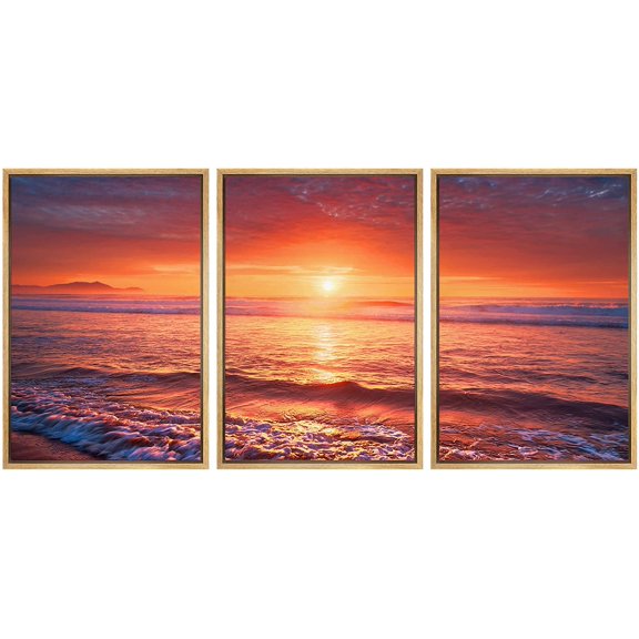 wall26 Framed Canvas Print Wall Art Set Vibrant Red Tropical Ocean Sea Sunset Nature Wilderness Photography Realism Rustic Landscape Colorful for Living Room, Bedroom, Office - 16"x24"x3 Na