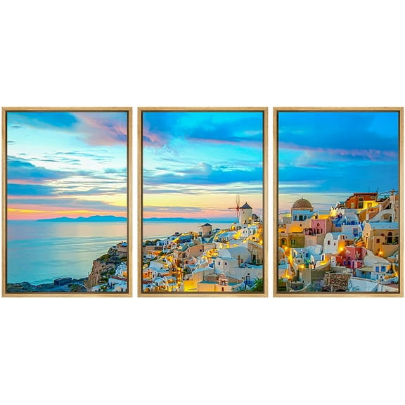 wall26 Framed Canvas Print Wall Art Set Vibrant Sunrise Sea Santorini Greece Architecture Nature Cityscape Photography Realism Landscape Colorful for Living Room, Bedroom, Office - 16"x24"x