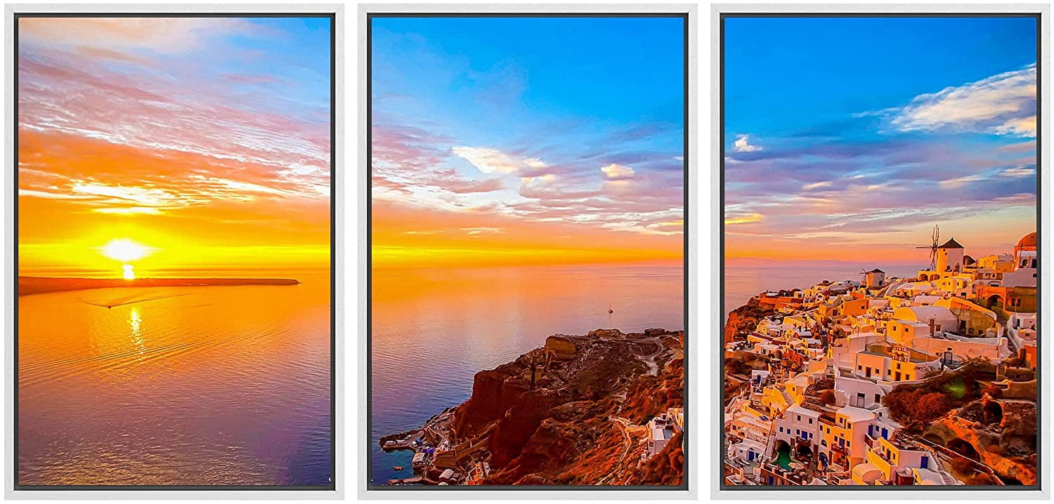 wall26 Framed Canvas Print Wall Art Set Vibrant Sunset Ocean Santorini ...