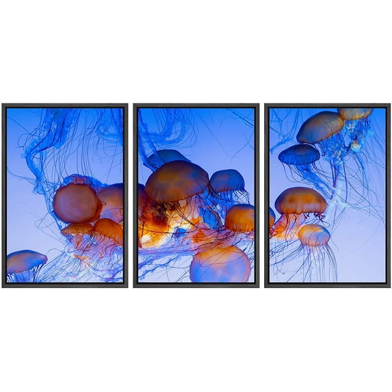 wall26 Framed Canvas Print Wall Art Set Vibrant Underwater Orange Blue Jellyfish Sea Nature Animals Photography Realism Rustic Landscape Colorful for Living Room, Bedroom, Office - 24"x36"x