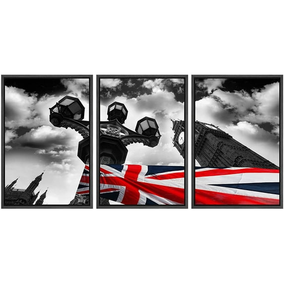 wall26 Framed Canvas Print Wall Art Set Vibrant United Kingdom Flag & Big Ben in London Cityscape Cultural Photography Modern Art Rustic Ultra for Living Room, Bedroom, Office - 16"x24"