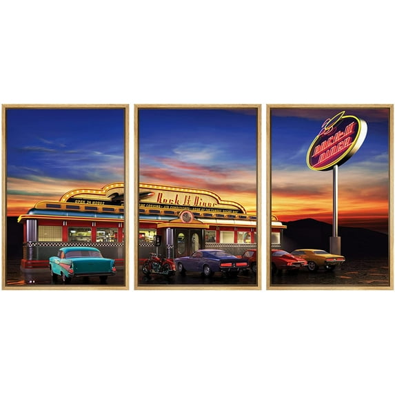 wall26 Framed Canvas Print Wall Art Set Vintage 1950s Style American Diner at Sunset Food Cultural Photography Modern Art Chic Scenic Ultra for Living Room, Bedroom, Office - 16"x24"x3 Natu