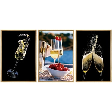 wall26 Framed Canvas Print Wall Art Set White Wine Glasses &amp; Strawberries Cocktails Fruit Photography Realism Rustic Landscape Colorful Multicolor for Living Room, Bedroom, Office - 24&quot;x36&q
