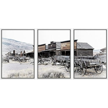 wall26 Framed Canvas Print Wall Art Set Wild West Texas Wooden Wagons Nature Wilderness Photography Realism Rustic Scenic Relax/Calm Multicolor for Living Room, Bedroom, Office - 24&quot;x36&quot;x3