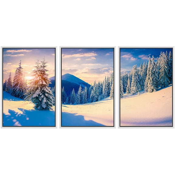 wall26 Framed Canvas Print Wall Art Set Winter Mountain Range Forest Sunset Nature Wilderness Photography Realism Rustic Landscape Colorful Cool for Living Room, Bedroom, Office - 24"x36"x3