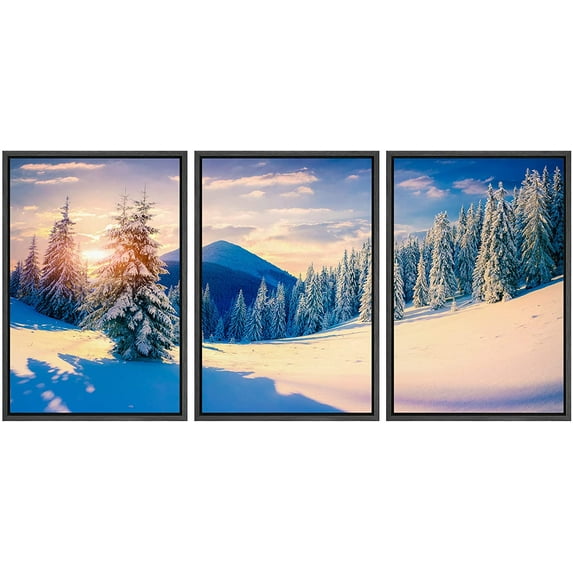 wall26 Framed Canvas Print Wall Art Set Winter Mountain Range Forest Sunset Nature Wilderness Photography Realism Rustic Landscape Colorful Cool for Living Room, Bedroom, Office - 24"x36"x3
