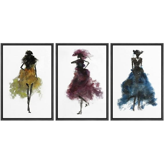 wall26 Framed Canvas Print Wall Art Set Yellow, Pink &amp; Blue Watercolor Fashionistas Fashion People Drawings Modern Art Bohemian Portrait Dramatic for Living Room, Bedroom, Office - 16"x24&qu