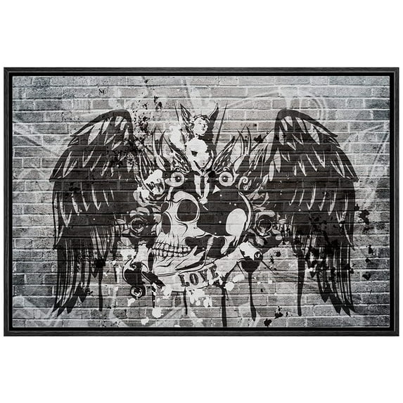 wall26 Framed Canvas Print Wall Art Spray Paint Black & White Brick Wall Skull Angel Wings Graffiti & Street Art Urban Illustrations Modern Art Boho for Living Room, Bedroom, Office - 16"