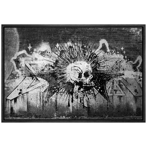 wall26 Framed Canvas Print Wall Art Spray Paint Black &amp; White Brick Wall Skull Tagging Graffiti &amp; Street Art Urban Illustration Modern Art Dark Boho for Living Room, Bedroom, Office - 16&quot