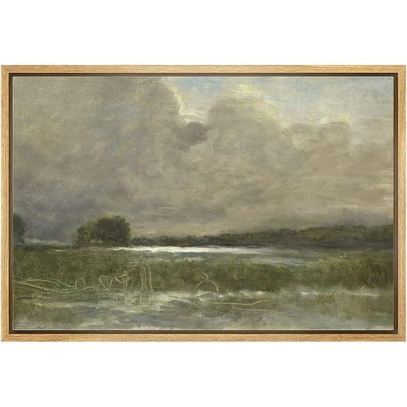 wall26 Framed Canvas Print Wall Art Storm Cloud Green Field Valley Landscape Nature Wilderness Illustrations Fine Art Decorative Rustic Multicolor for Living Room, Bedroom, Office - 16"x24"