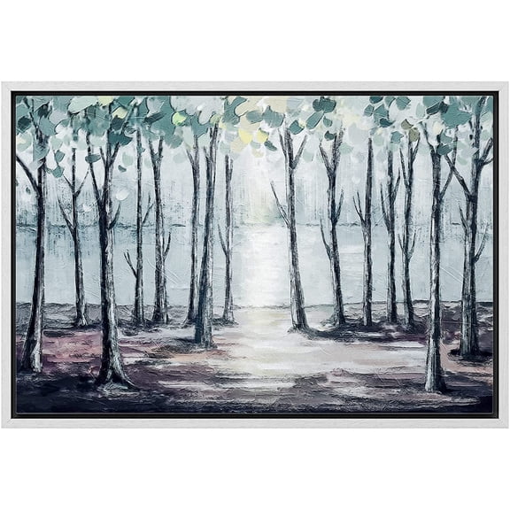 wall26 Framed Canvas Print Wall Art Sunlight Through Spring Forest and Lake Nature Wilderness Illustrations Modern Scenic Relax/Calm Multicolor for Living Room, Bedroom, Office - 16"x24" Wh