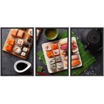 wall26 Framed Canvas Print Wall Art Sushi, Make Roll & Green Tea on Stone Table Food Culinary Photography Realism Decorative Natural Vibrant Diet for Living Room, Bedroom, Office - 24"x36&qu