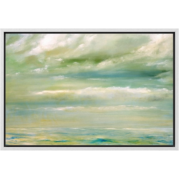 wall26 Framed Canvas Print Wall Art Teal, Green &amp; White Seascape with Clouds Nature Wilderness Watercolor Modern Art Rustic Scenic Dramatic Multicolor for Living Room, Bedroom, Office - 24"x