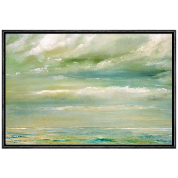 wall26 Framed Canvas Print Wall Art Teal, Green & White Seascape with Clouds Nature Wilderness Watercolor Modern Art Rustic Scenic Dramatic Multicolor for Living Room, Bedroom, Office - 24"x