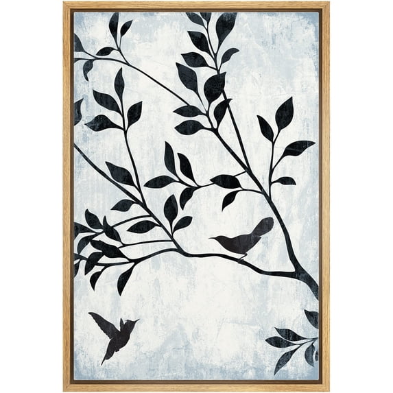 wall26 Framed Canvas Print Wall Art Tree & Bird Silhouettes with Blue Grunge Background Floral Nature Illustrations Modern Art Rustic Dramatic for Living Room, Bedroom, Office - 24"x36"