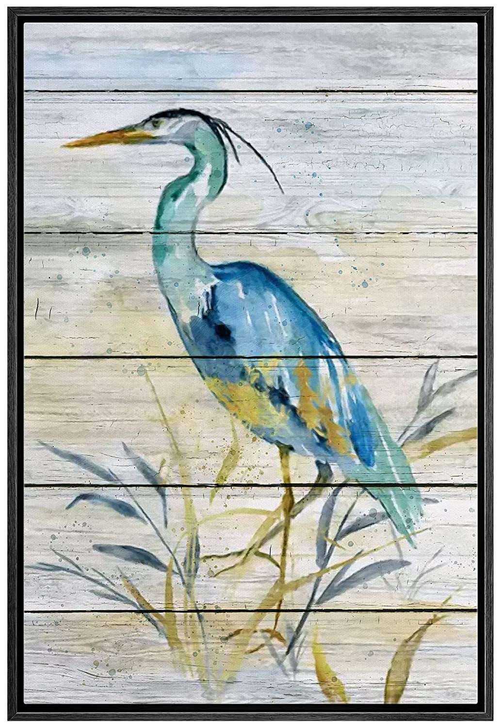 Modern Black Framed Canvas Art with Blue Crane Bird