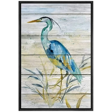wall26 Framed Canvas Print Wall Art Vintage Wood Panel Beach Crane Bird Nature Wilderness Illustrations Modern Art Decorative Rustic Relax/Calm for Living Room, Bedroom, Office - 16&quot;x24&quot; Bl