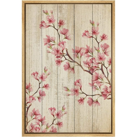 wall26 Framed Canvas Print Wall Art Vintage Wood Panel Cherry Blossoms Nature Wilderness Illustrations Modern Art Decorative Rustic Relax/Calm for Living Room, Bedroom, Office - 24"x36" Nat