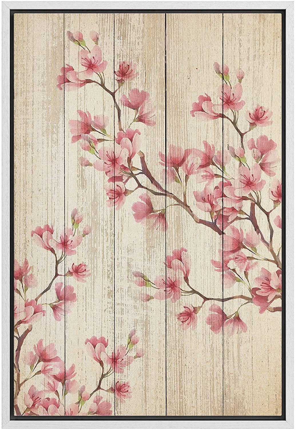 wall26 Framed Canvas Print Wall Art Vintage Wood Panel Cherry Blossoms