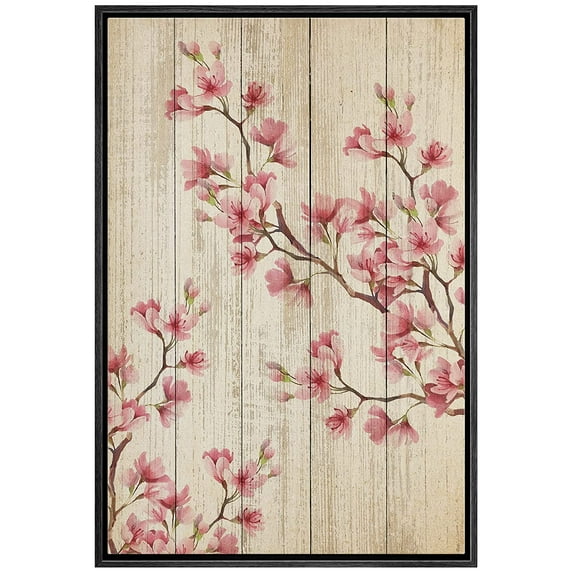 wall26 Framed Canvas Print Wall Art Vintage Wood Panel Cherry Blossoms Nature Wilderness Illustrations Modern Art Decorative Rustic Relax/Calm for Living Room, Bedroom, Office - 16"x24" Bla