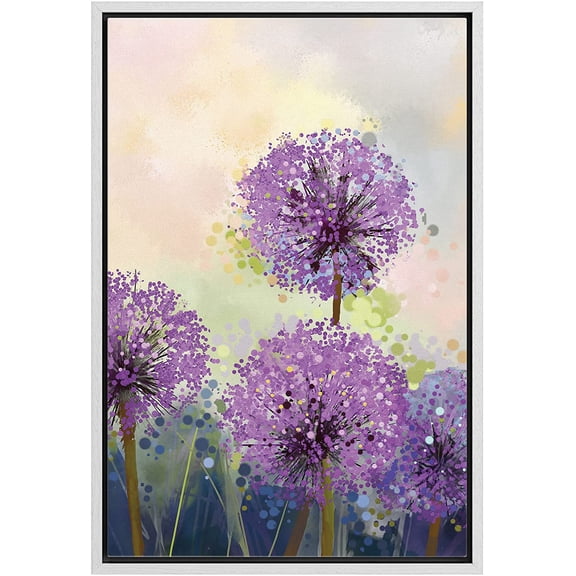 wall26 Framed Canvas Print Wall Art Watercolor Dot Explosion Purple Dandelions Floral Botanical Illustrations Modern Art Rustic Scenic Colorful for Living Room, Bedroom, Office - 24"x36" Wh