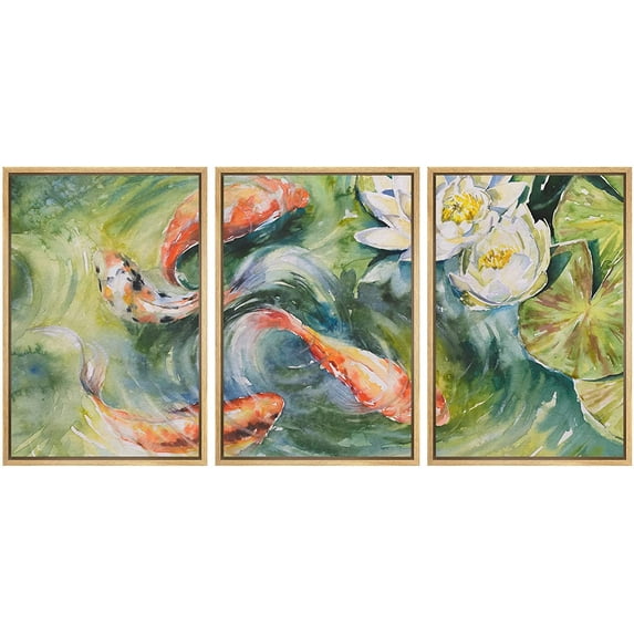 wall26 Framed Canvas Print Wall Art Watercolor Japanese Koi Fish & Water Lily Animals Wildlife Illustrations Realism Rustic Colorful for Living Room, Bedroom, Office - 16"x24"x3 Natural