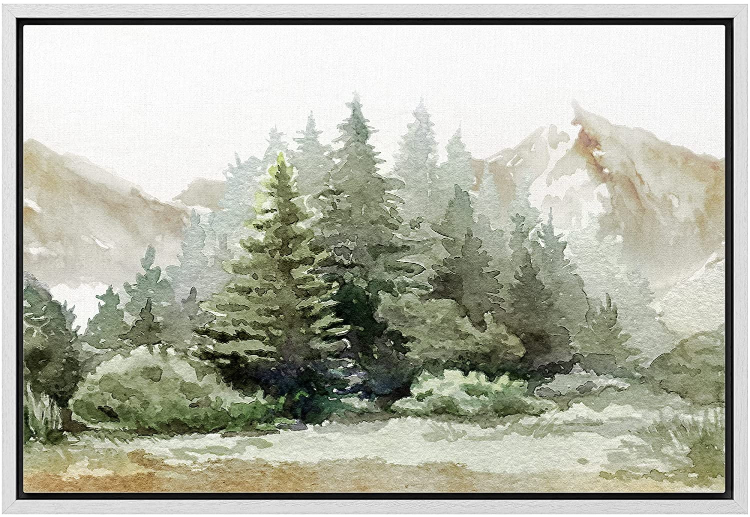 wall26 Framed Canvas Print Wall Art Watercolor Mountain Range and Pine  Trees Nature Wilderness Illustrations Modern Rustic Scenic Colorful for Living  Room, Bedroom, Office 24quot;x36quot;White