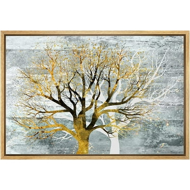 wall26 Framed Canvas Print Wall Art Watercolor Pastel Gold White Forest Tree Nature Wilderness Illustrations Modern Art Rustic Decorative Relax/Calm for Living Room, Bedroom, Office - 16&quot;x24&quo