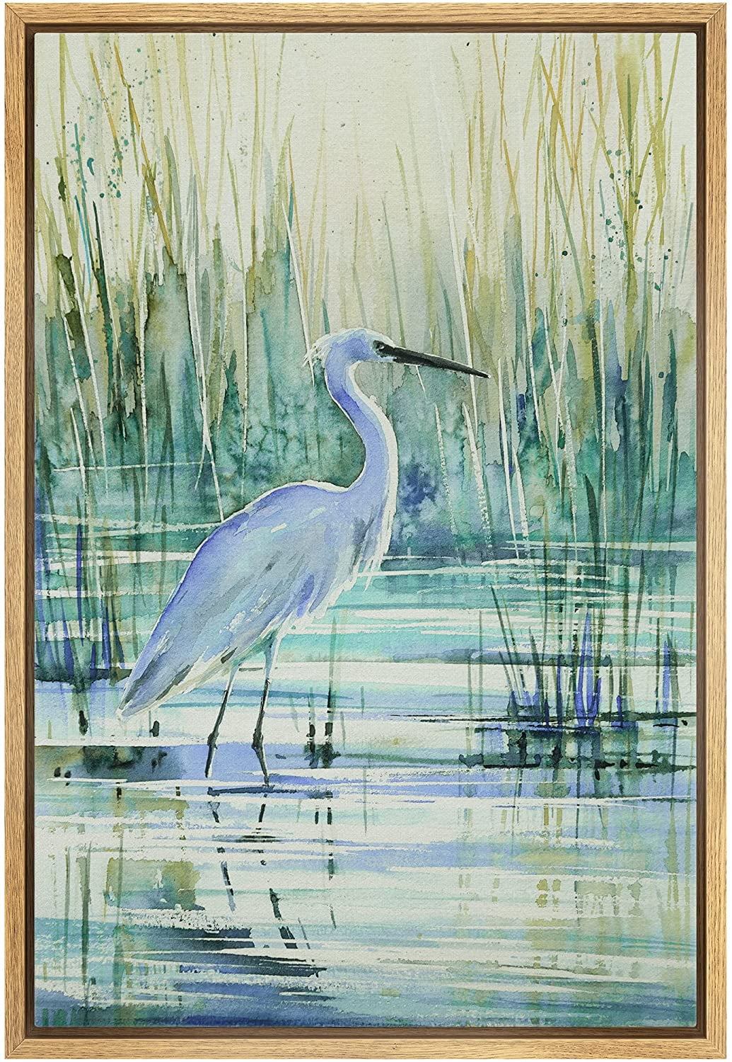 wall26 Framed Canvas Print Wall Art Watercolor Pastel Swamp Crane Bird Nature Wilderness Illustrations Modern Art Decorative Rustic Relax/Calm for Living Room, Bedroom, Office - 16"x24" Nat