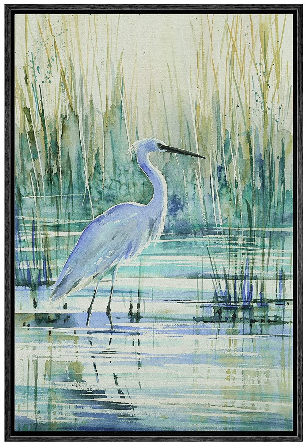 wall26 Framed Canvas Print Wall Art Watercolor Pastel Swamp Crane Bird Nature Wilderness Illustrations Modern Art Decorative Rustic Relax/Calm for Living Room, Bedroom, Office - 24"x36" Bla
