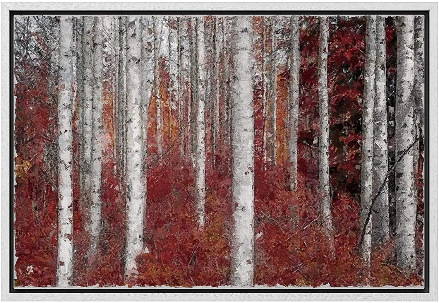 wall26 Framed Canvas Print Wall Art White Birch Trees with Autumn Red ...