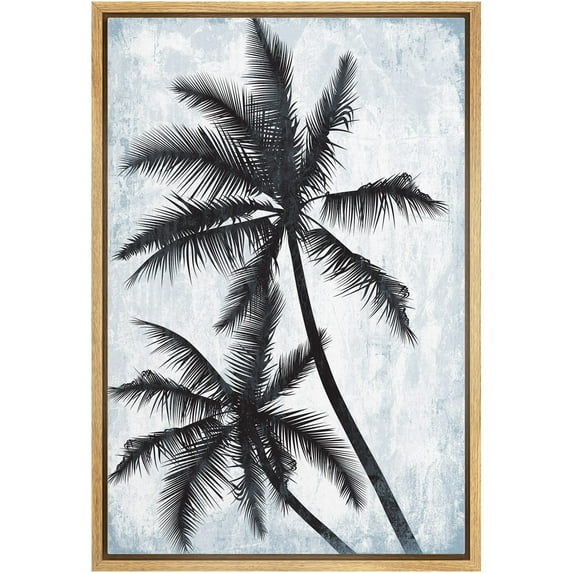 wall26 Framed Canvas Print Wall Art Windy Palm Tree Silhouettes with Blue Grunge Background Floral Nature Illustrations Modern Art Rustic Dramatic for Living Room, Bedroom, Office - 16"x24"