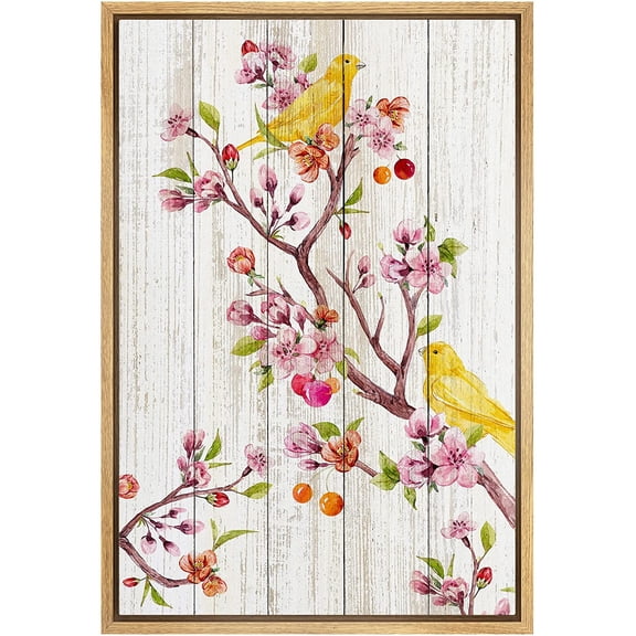 wall26 Framed Canvas Print Wall Art Wood Panel Cherry Blossom Gold Bird Nature Wilderness Illustrations Modern Art Decorative Rustic Relax/Calm for Living Room, Bedroom, Office - 16"x24" Na