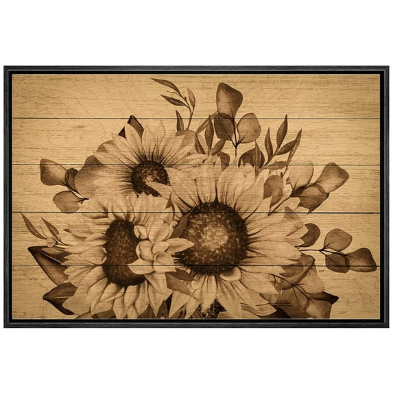 wall26 Framed Canvas Print Wall Art Wood Panel Retro Vintage Classic Sepia Sunflowers Nature Wilderness Illustrations Modern Art Farmhouse/Country for Living Room, Bedroom, Office - 16"x24"