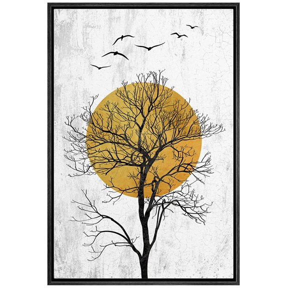 wall26 Framed Canvas Print Wall Art Yellow Vibrant Sun Black Forest Tree Birds Nature Animals Digital Art Modern Art Rustic Relax/Calm Multicolor for Living Room, Bedroom, Office - 24"x36"