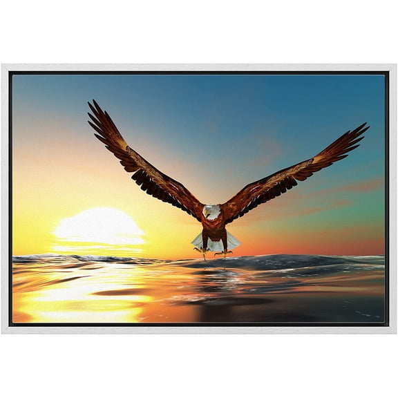wall26 - Framed Canvas Prints Wall Art - Bald Eagle Flying Above The Sea | Modern Wall Decor/Home Decoration Stretched Gallery Framed Canvas Wrap Giclee Print. Ready to Hang - 16"x24" White