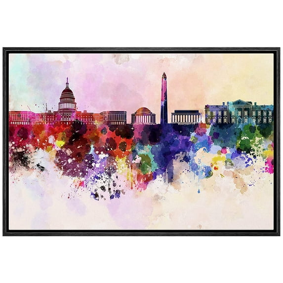 wall26 Framed Canvas Prints Wall Art - Washington Dc Skyline in Watercolor Background | Modern Wall Decor/Home Decoration Stretched Gallery Canvas Wrap Giclee Print. Ready to Hang - 24"x36"