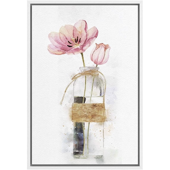 wall26 Framed Canvas Wall Art A Bouquet of Pink Tulips Flower in a Glass Botanical Plants Watercolor Abstract Modern Relax/Calm Pastel for Living Room, Bedroom, Office - 24x36 inches