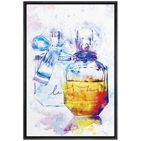 wall26 Framed Canvas Wall Art Chic Perfume Bottle with Bow in Yellow and Pink Paint Splashes Pop Culture Fashion Watercolor Modern Art Glam Expressive for Living Room, Bedroom, Office - 16x24 inches