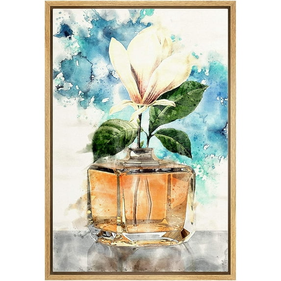 wall26 Framed Canvas Wall Art Chic Perfume Bottle with White Magnolia with Blue Splashes Pop Culture Fashion Watercolor Modern Art Glam Expressive for Living Room, Bedroom, Office - 24x36 inches