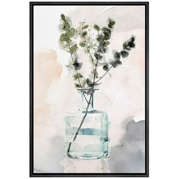 wall26 Framed Canvas Wall Art Dark Green Eucalyptus Tree in a Glass Vase Botanical Plants Watercolor Abstract Modern Relax/Calm Pastel for Living Room, Bedroom, Office - 24x36 inches