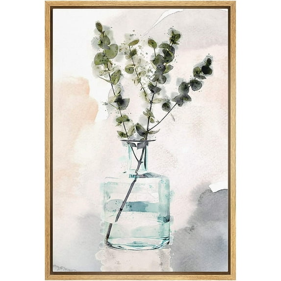 wall26 Framed Canvas Wall Art Dark Green Eucalyptus Tree in a Glass Vase Botanical Plants Watercolor Abstract Modern Relax/Calm Pastel for Living Room, Bedroom, Office - 16x24 inches