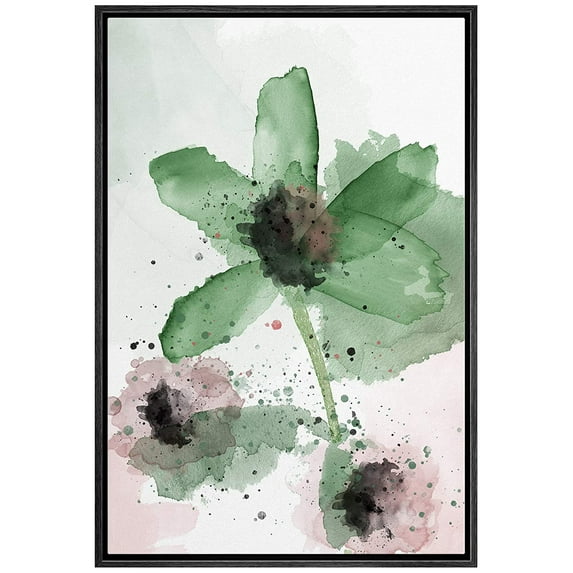 wall26 Framed Canvas Wall Art Large Green and Pink Flowers Floral Plants Watercolor Abstract Contemporary Expressive for Living Room, Bedroom, Office - 16x24 inches