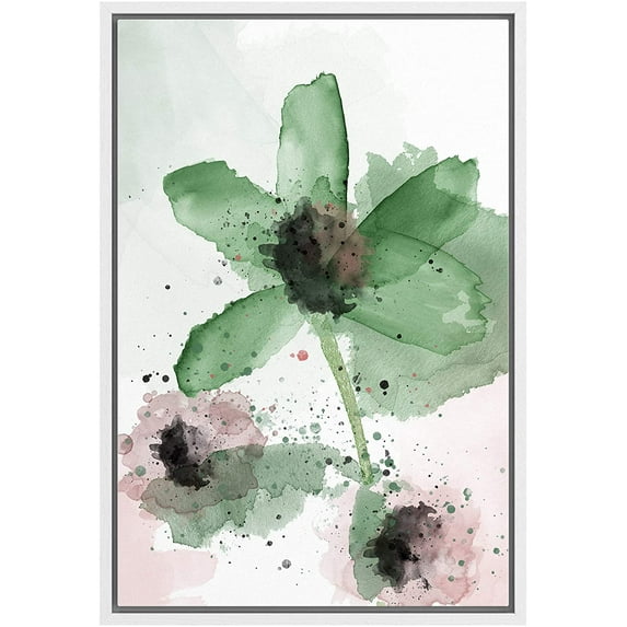 wall26 Framed Canvas Wall Art Large Green and Pink Flowers Floral Plants Watercolor Abstract Contemporary Expressive for Living Room, Bedroom, Office - 16x24 inches