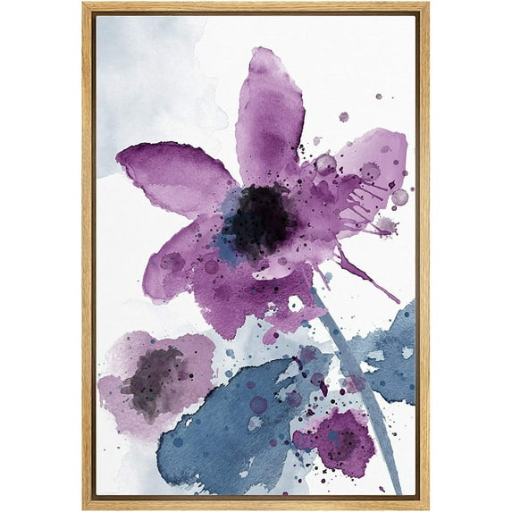 wall26 Framed Canvas Wall Art Large Purple and Blue Flowers Floral Plants Watercolor Abstract Contemporary Expressive for Living Room, Bedroom, Office - 16x24 inches