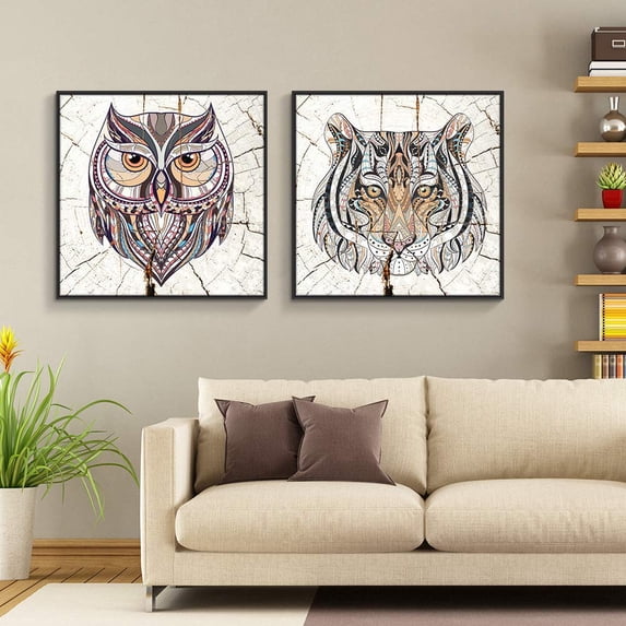 wall26 Framed Canvas Wall Art for Living Room, Bedroom Wood Panels Owl and Tiger Illustration Canvas Prints for Home Decoration Ready to Hang - 24"x24"x2 Panels