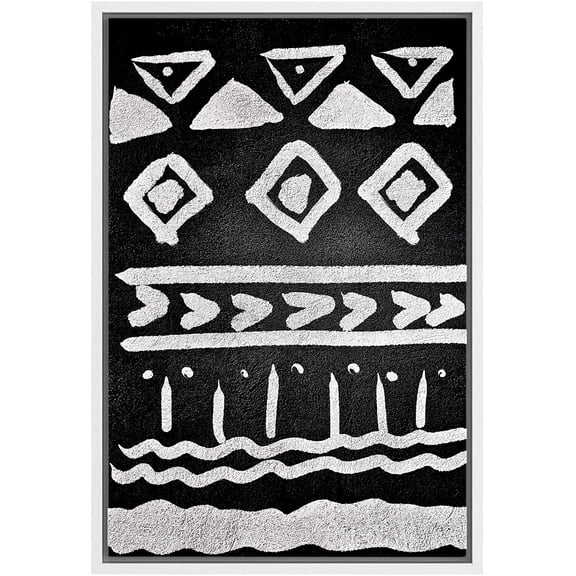 wall26 Framed Canvas Wall Art Tribal Lines, Triangles and Squares Geometric Patterns Block Print Abstract Contemporary Expressive Black and White for Living Room, Bedroom, Office - 16x24 inches