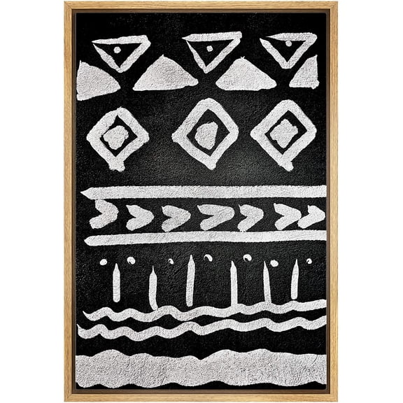 wall26 Framed Canvas Wall Art Tribal Lines, Triangles and Squares Geometric Patterns Block Print Abstract Contemporary Expressive Black and White for Living Room, Bedroom, Office - 16x24 inches