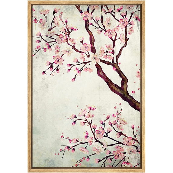wall26 Framed Canvas Wall Art - Watercolor Painting Style Cherry Blossom - Giclee Print Gallery Wrap Modern Home Art Ready to Hang - 16"x24" Natural
