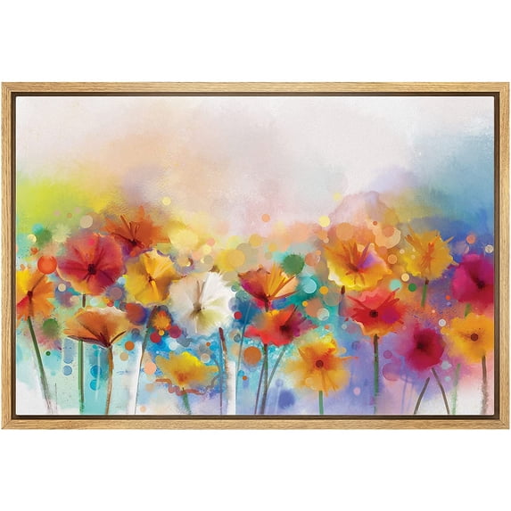 wall26 Framed Canvas Wall Art - Watercolor Style Various Colord Flowers - Giclee Print Gallery Wrap Modern Home Art Ready to Hang - 16"x24" Natural